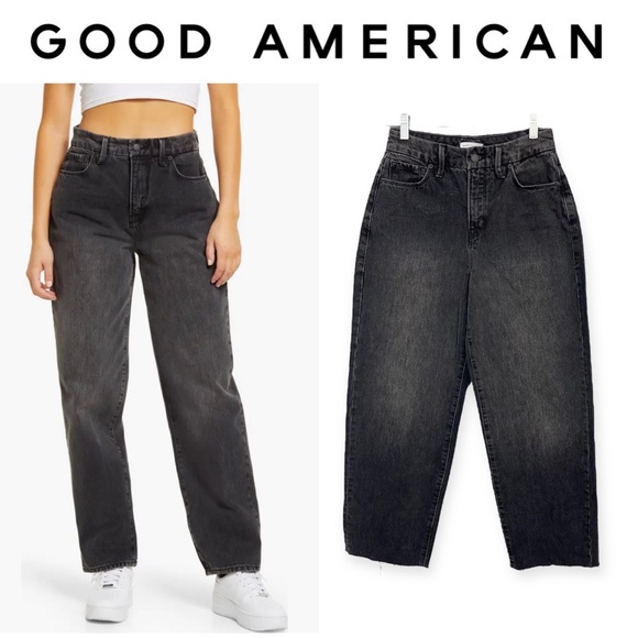 Good American 90s Trouser Jeans 25 Washed Black High Rise Vintage Retro Baggy - Picture 2 of 15